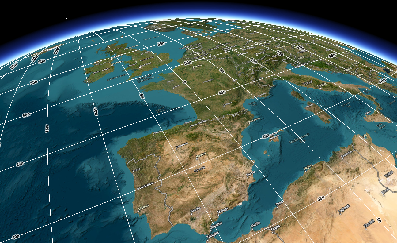 A SceneView of Western Europe from above with a Latitude Longitude Grid displayed on top of it.